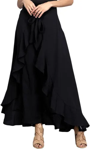 Women Chiffon Pants Tie-Waist Ruffles Wide Leg Trousers Casual Loose Solid Long Skirts Female Party Maxi Dress