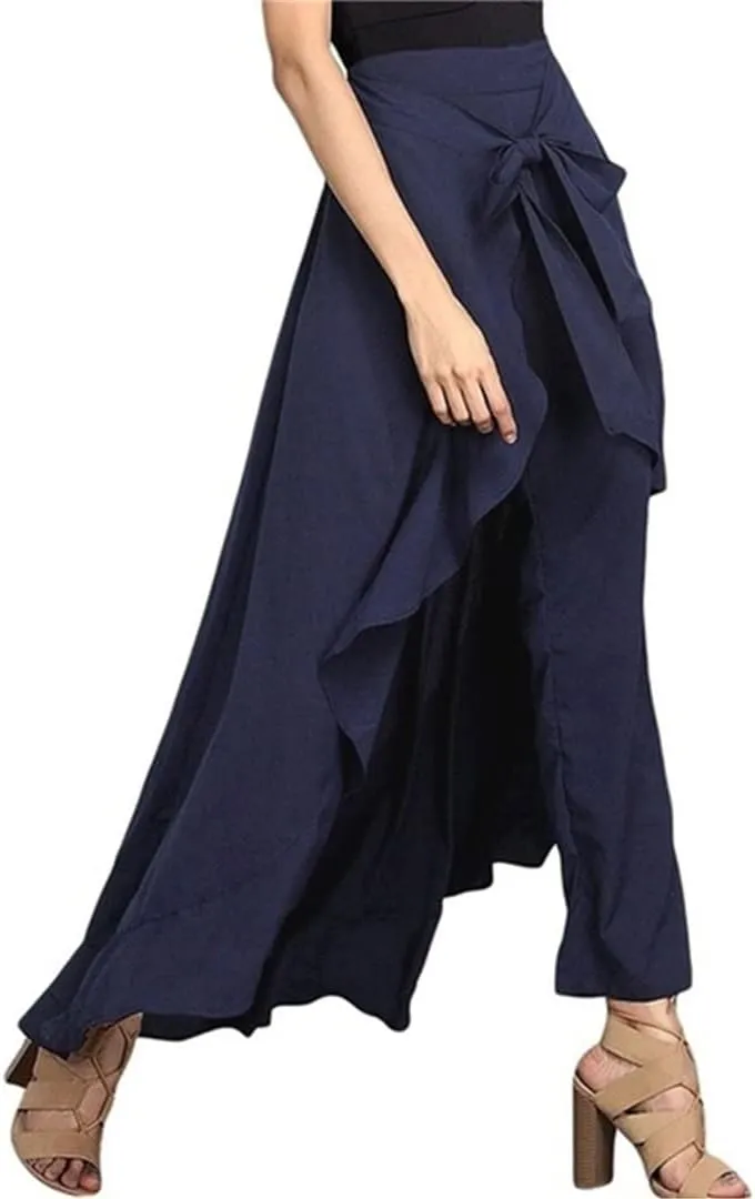 Women Chiffon Pants Tie-Waist Ruffles Wide Leg Trousers Casual Loose Solid Long Skirts Female Party Maxi Dress