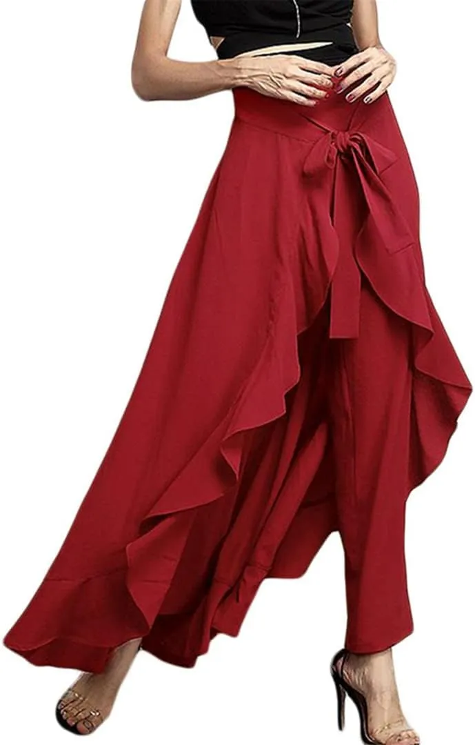 Women Chiffon Pants Tie-Waist Ruffles Wide Leg Trousers Casual Loose Solid Long Skirts Female Party Maxi Dress