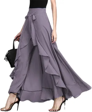 Women Chiffon Pants Tie-Waist Ruffles Wide Leg Trousers Casual Loose Solid Long Skirts Female Party Maxi Dress