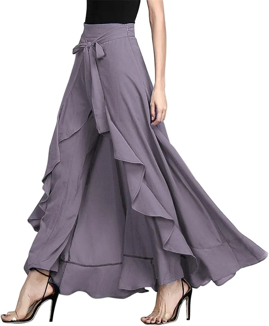 Women Chiffon Pants Tie-Waist Ruffles Wide Leg Trousers Casual Loose Solid Long Skirts Female Party Maxi Dress