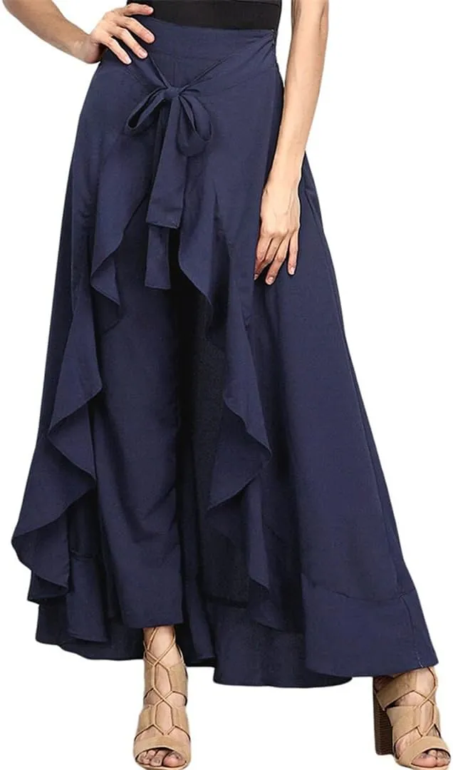 Women Chiffon Pants Tie-Waist Ruffles Wide Leg Trousers Casual Loose Solid Long Skirts Female Party Maxi Dress