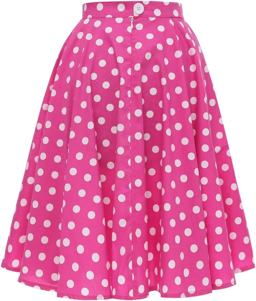 Women Elegant Pleated Vintage Floral Midi Skirt Ladies 50's 60's Polka Dot A Line Flared Skirts Knee Length Skater Skirt