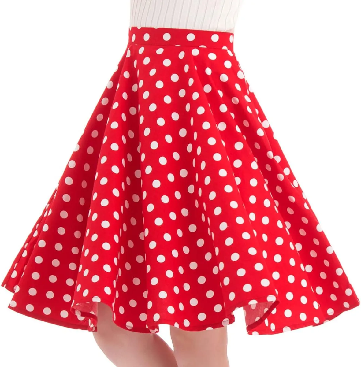 Women Elegant Pleated Vintage Floral Midi Skirt Ladies 50's 60's Polka Dot A Line Flared Skirts Knee Length Skater Skirt