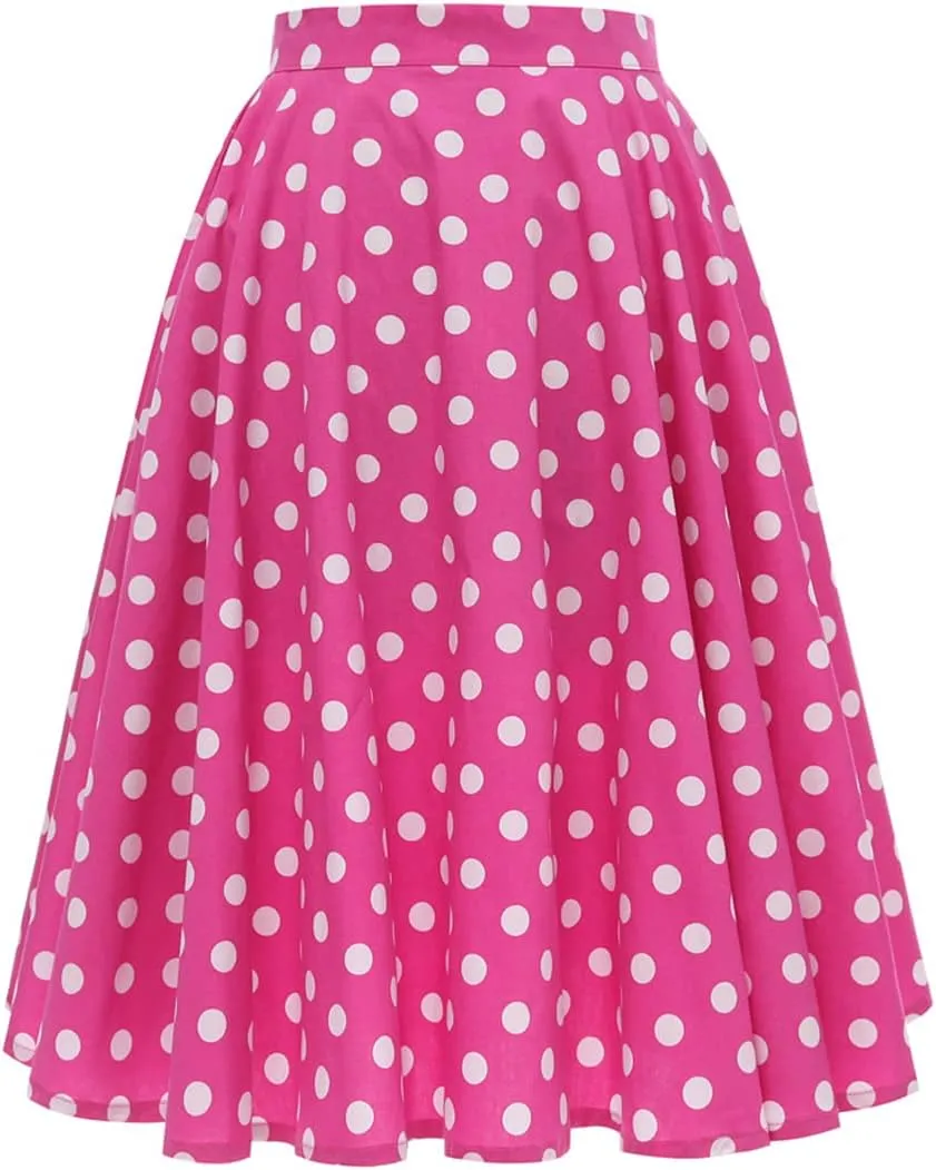 Women Elegant Pleated Vintage Floral Midi Skirt Ladies 50's 60's Polka Dot A Line Flared Skirts Knee Length Skater Skirt