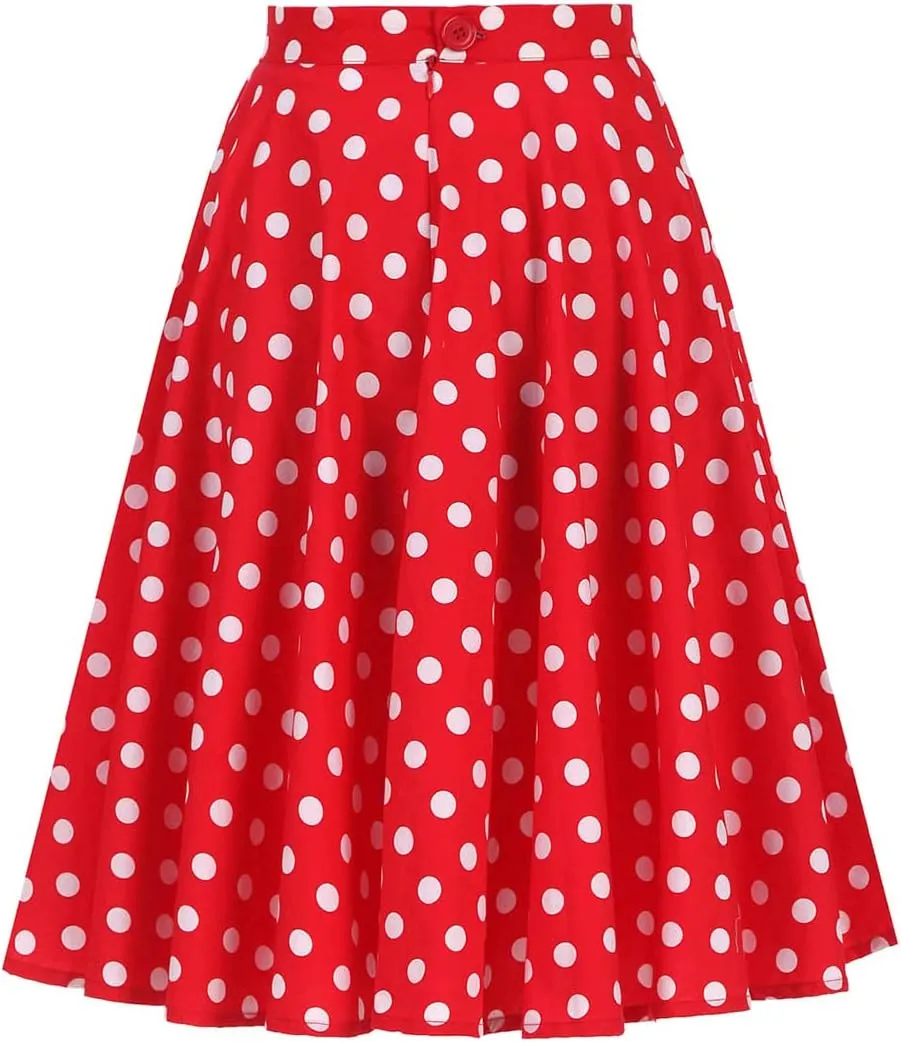 Women Elegant Pleated Vintage Floral Midi Skirt Ladies 50's 60's Polka Dot A Line Flared Skirts Knee Length Skater Skirt