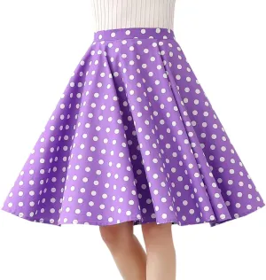 Women Elegant Pleated Vintage Floral Midi Skirt Ladies 50's 60's Polka Dot A Line Flared Skirts Knee Length Skater Skirt