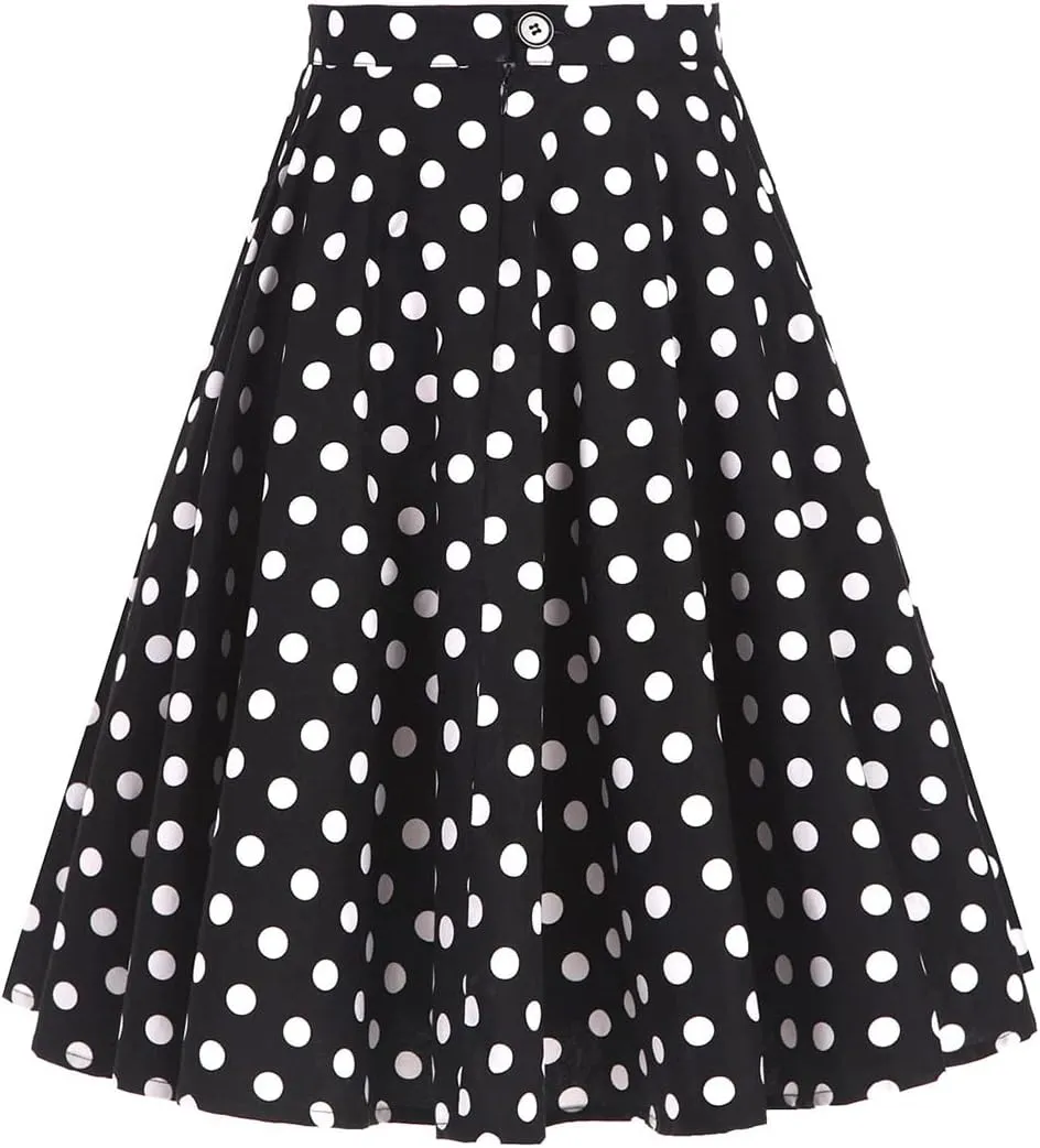 Women Elegant Pleated Vintage Floral Midi Skirt Ladies 50's 60's Polka Dot A Line Flared Skirts Knee Length Skater Skirt