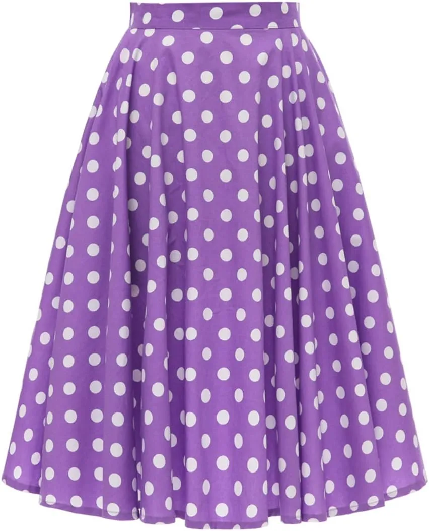 Women Elegant Pleated Vintage Floral Midi Skirt Ladies 50's 60's Polka Dot A Line Flared Skirts Knee Length Skater Skirt