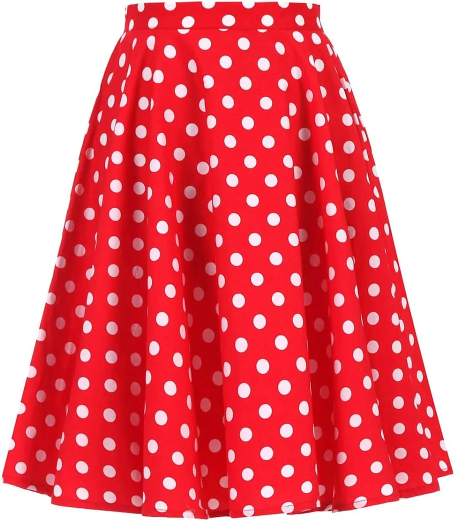 Women Elegant Pleated Vintage Floral Midi Skirt Ladies 50's 60's Polka Dot A Line Flared Skirts Knee Length Skater Skirt