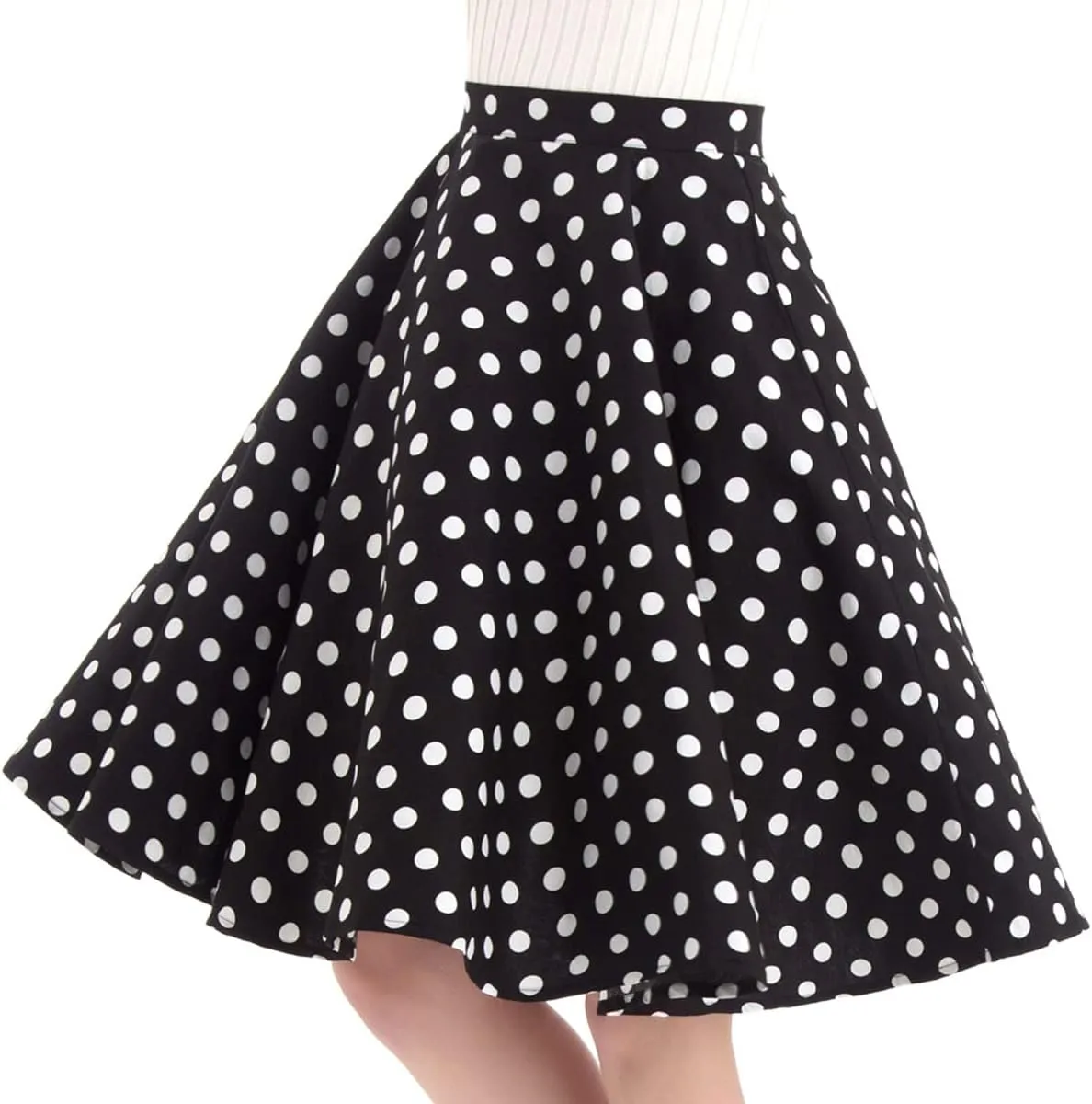 Women Elegant Pleated Vintage Floral Midi Skirt Ladies 50's 60's Polka Dot A Line Flared Skirts Knee Length Skater Skirt