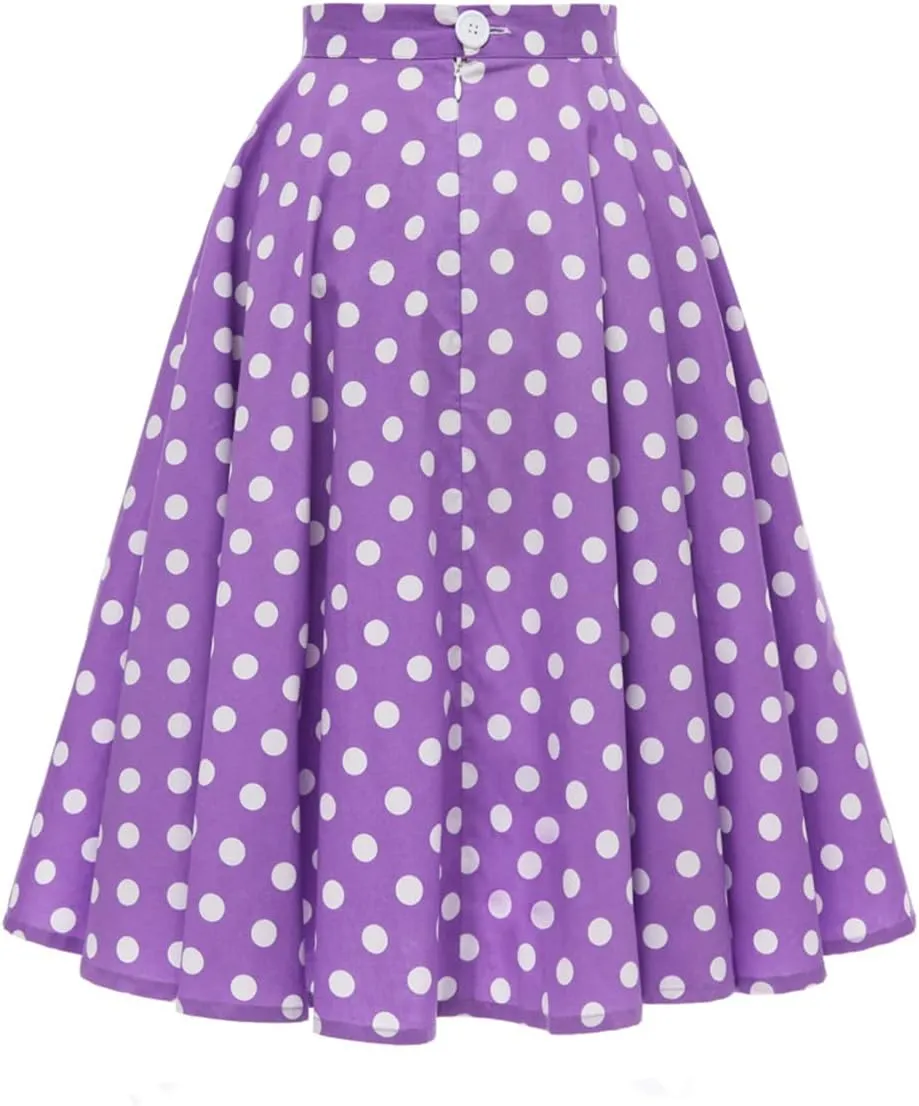 Women Elegant Pleated Vintage Floral Midi Skirt Ladies 50's 60's Polka Dot A Line Flared Skirts Knee Length Skater Skirt