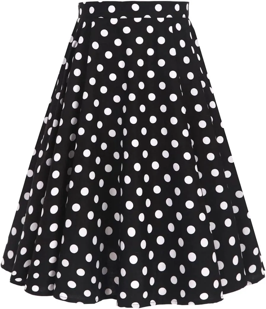 Women Elegant Pleated Vintage Floral Midi Skirt Ladies 50's 60's Polka Dot A Line Flared Skirts Knee Length Skater Skirt
