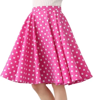 Women Elegant Pleated Vintage Floral Midi Skirt Ladies 50's 60's Polka Dot A Line Flared Skirts Knee Length Skater Skirt