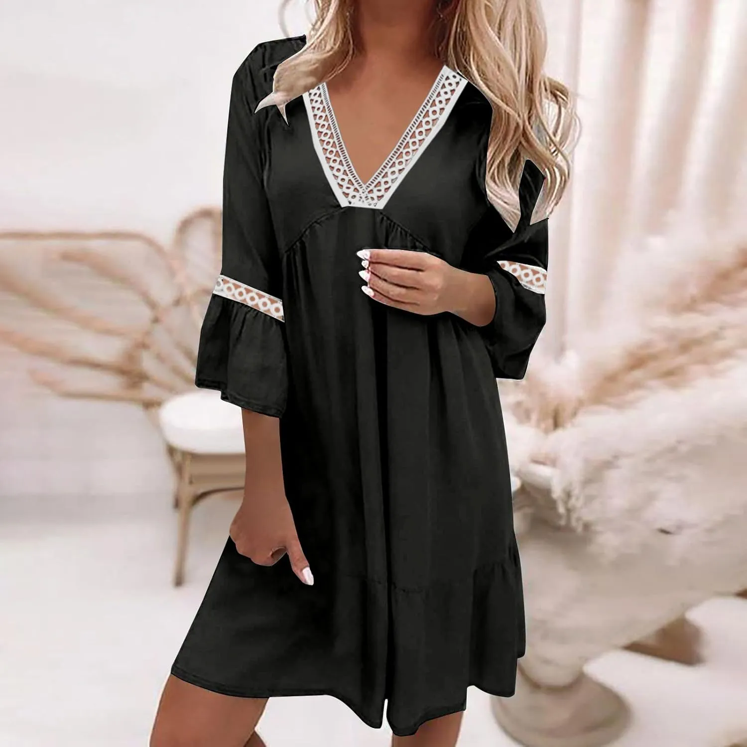 Women Floral Sleeve Ruffle Mini Dresses Sexy Lace Crochet V Neck Smocked Dress Summer Casual Pleated Swing Sundress
