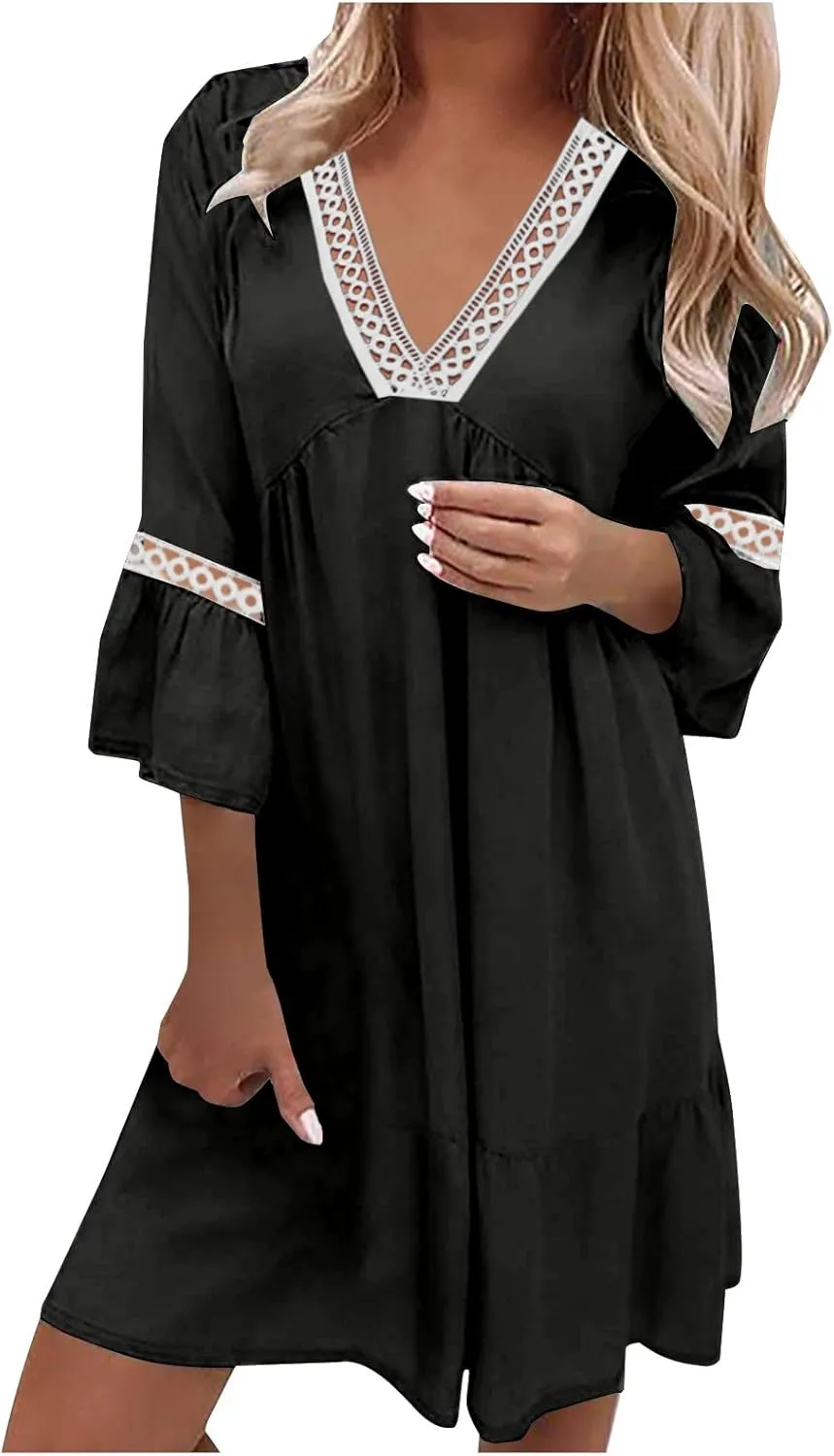 Women Floral Sleeve Ruffle Mini Dresses Sexy Lace Crochet V Neck Smocked Dress Summer Casual Pleated Swing Sundress