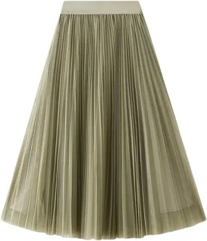 Women High Waist Midi Long Thin A-Line Mesh Pleated Skirts