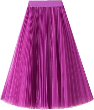 Women High Waist Midi Long Thin A-Line Mesh Pleated Skirts