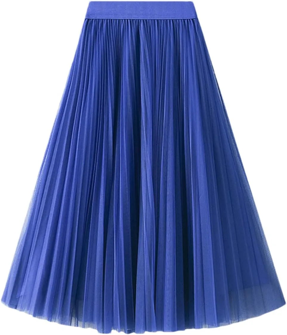 Women High Waist Midi Long Thin A-Line Mesh Pleated Skirts