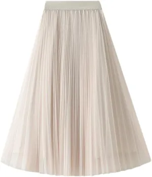 Women High Waist Midi Long Thin A-Line Mesh Pleated Skirts