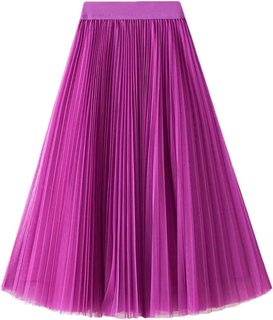 Women High Waist Midi Long Thin A-Line Mesh Pleated Skirts