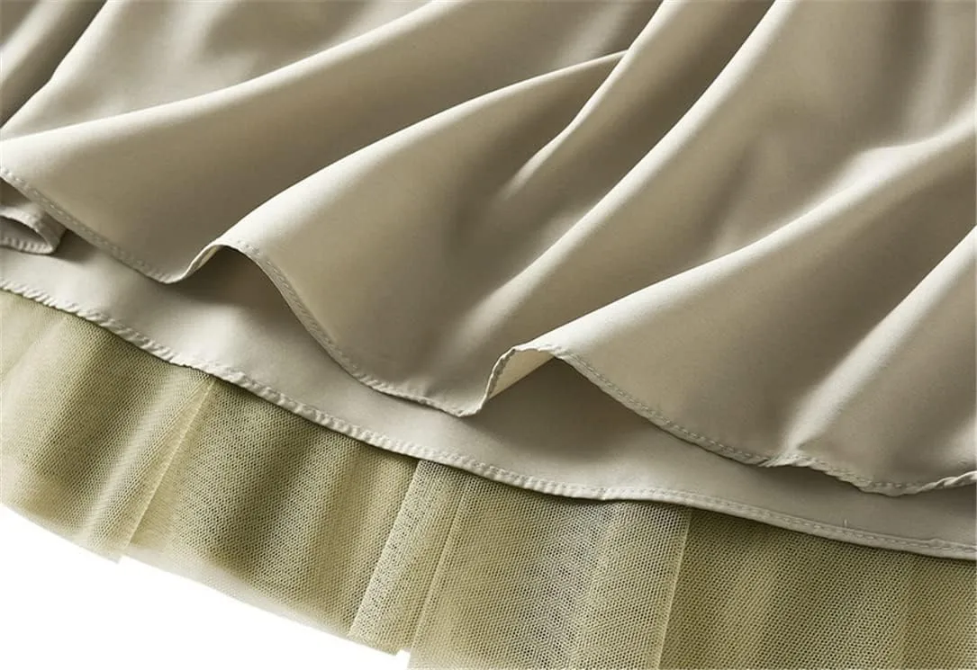Women High Waist Midi Long Thin A-Line Mesh Pleated Skirts