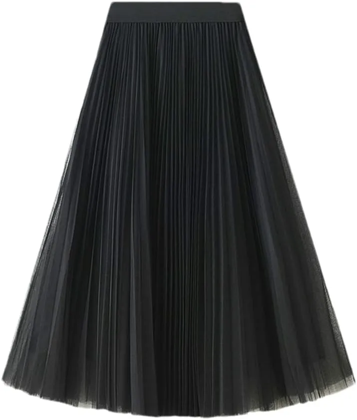 Women High Waist Midi Long Thin A-Line Mesh Pleated Skirts