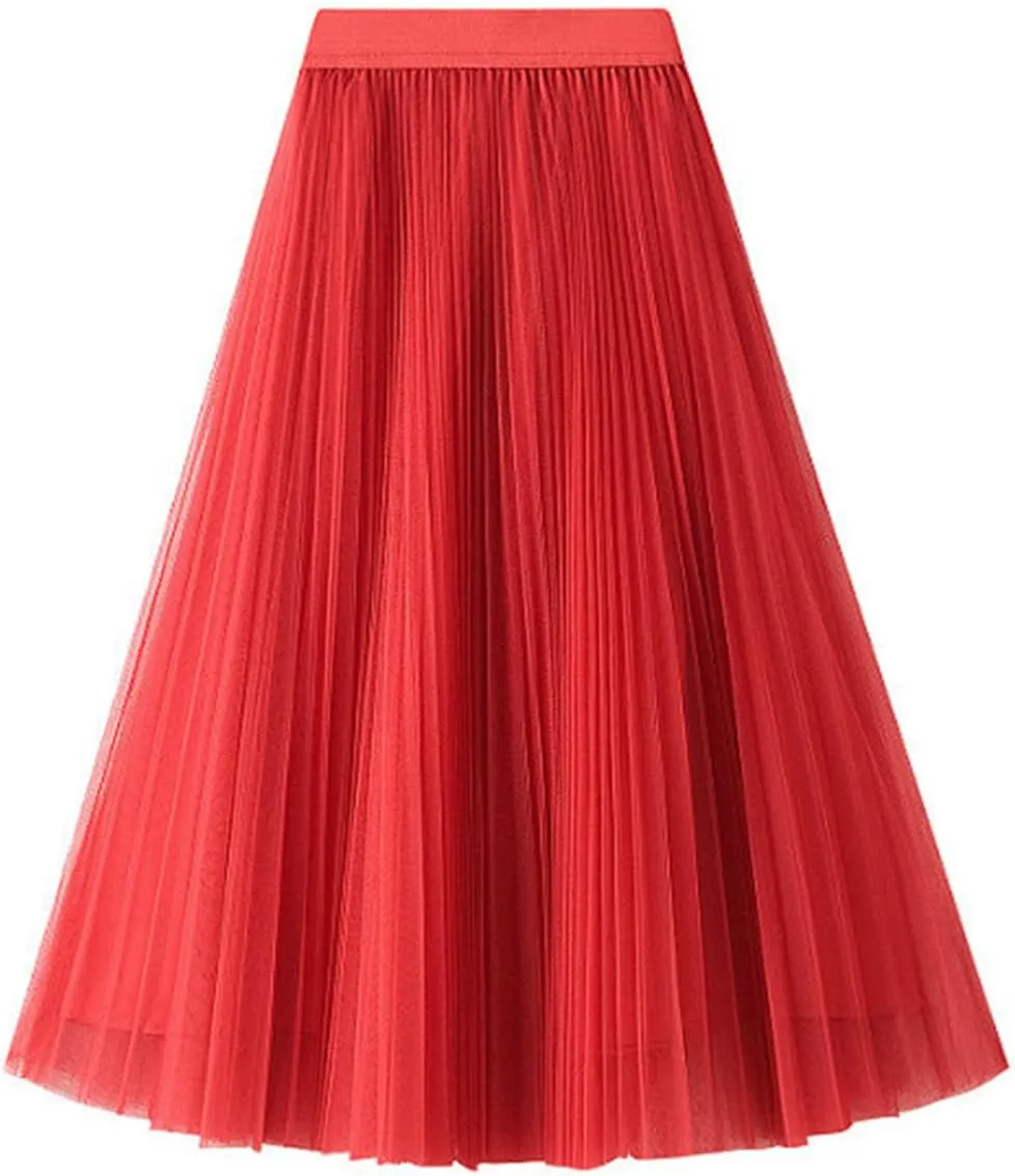 Women High Waist Midi Long Thin A-Line Mesh Pleated Skirts