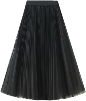 Women High Waist Midi Long Thin A-Line Mesh Pleated Skirts