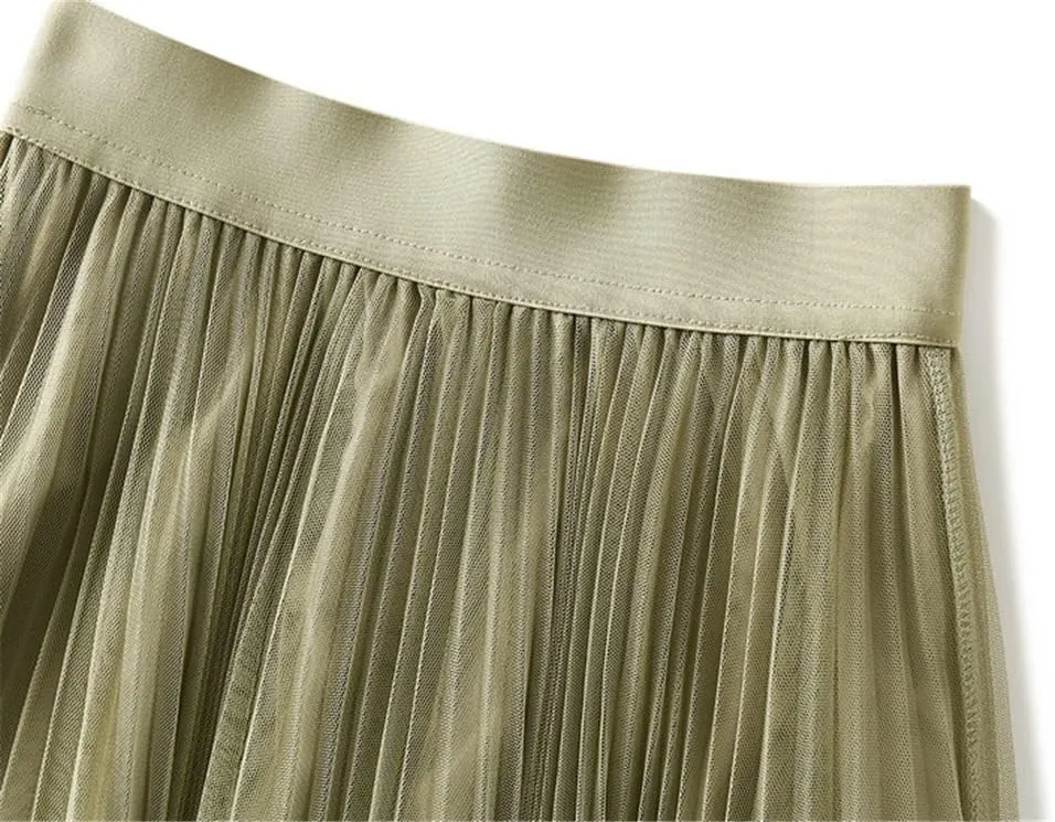 Women High Waist Midi Long Thin A-Line Mesh Pleated Skirts