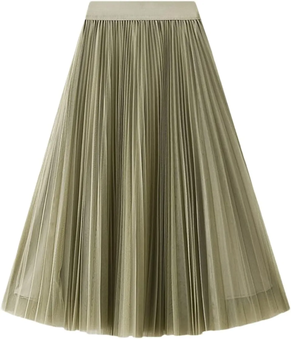 Women High Waist Midi Long Thin A-Line Mesh Pleated Skirts