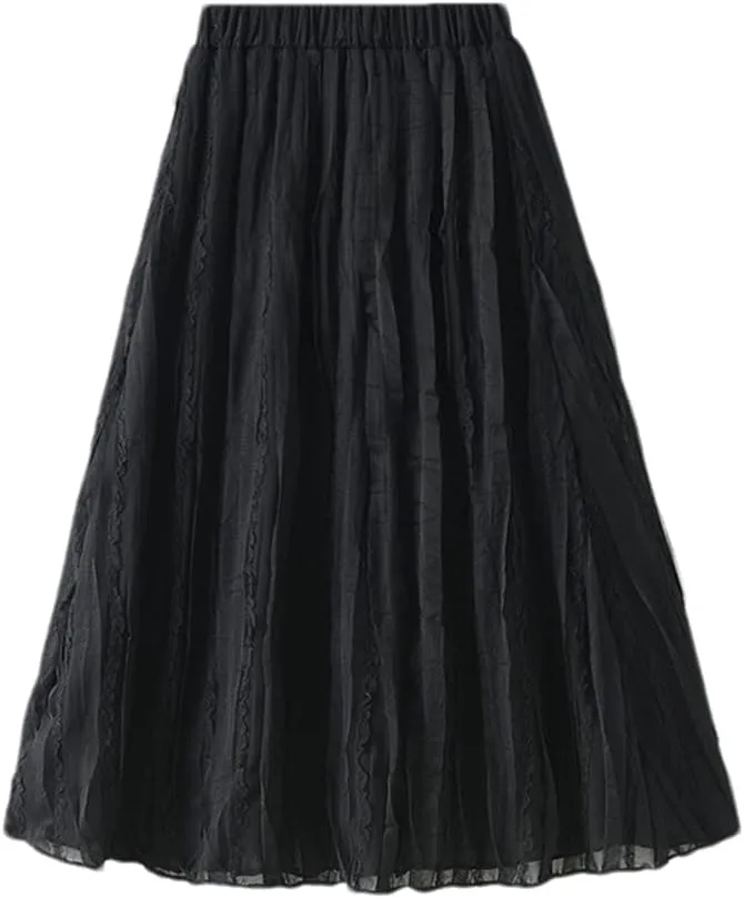 Women Midi Long Lace Tulle Skirt Fluffy Pleated Skirt