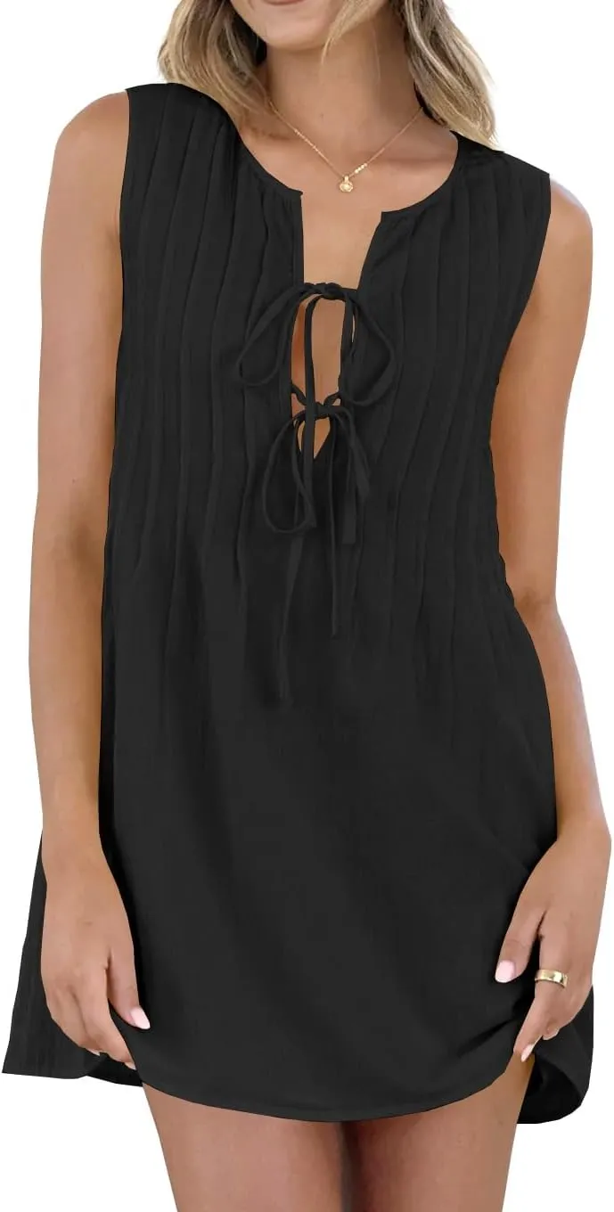 Women Mini Shift Dress Round Neck Sleeveless Pleated Solid Color Casual Short Dress