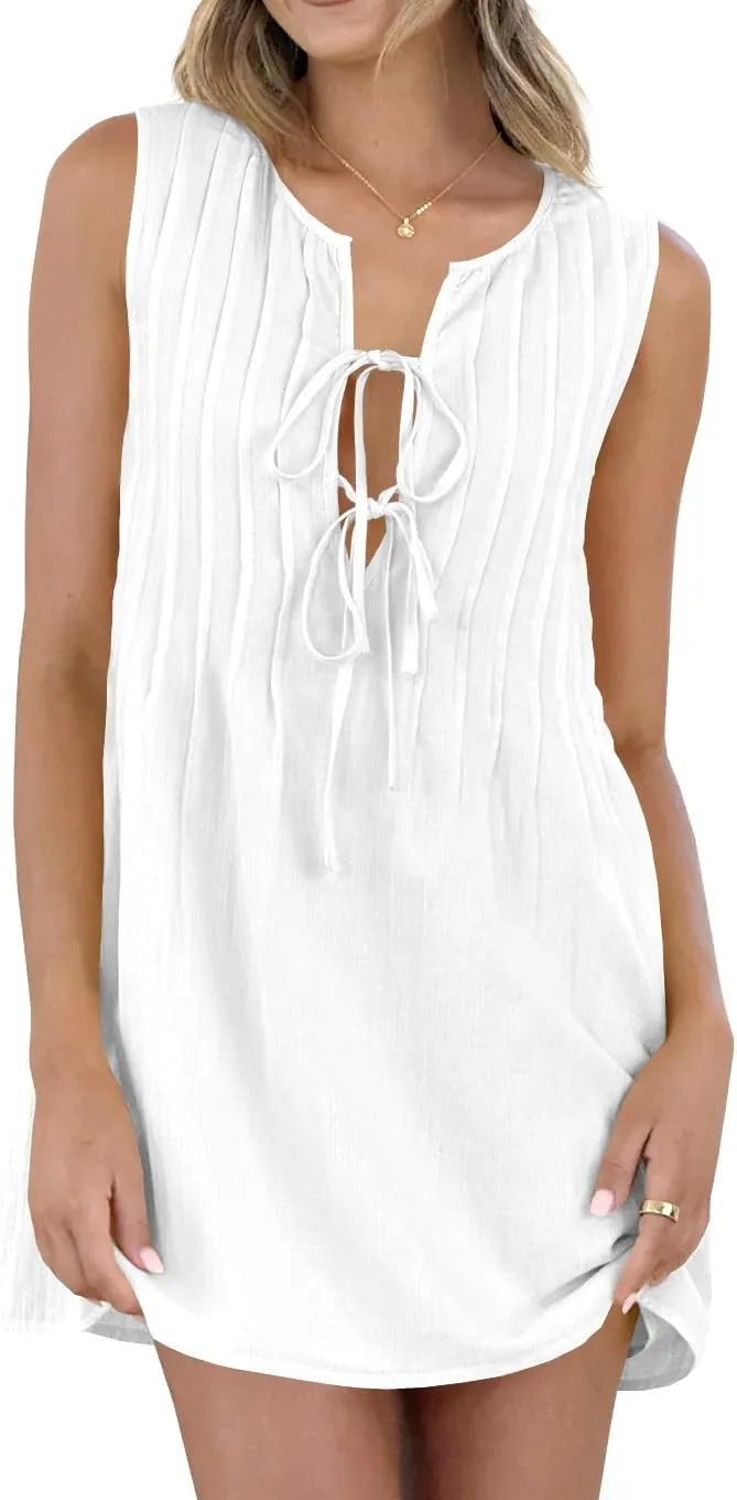 Women Mini Shift Dress Round Neck Sleeveless Pleated Solid Color Casual Short Dress
