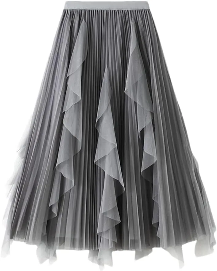 Women Purple Gradient Color Tulle Skirt Midi Long High Waist Pleated Party Skirt