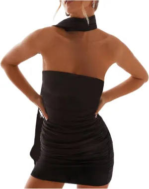 Women Sexy Floral Tube Mini Dress with Scarf Y2K Strapless Backless Short Bandeau Dress Summer Bodycon Dresses