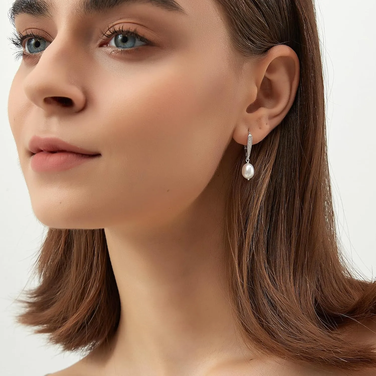 Women Silver Pearl Dangle Earrings, 14K White Gold Plated Pearl Drop Earrings for Teenagers