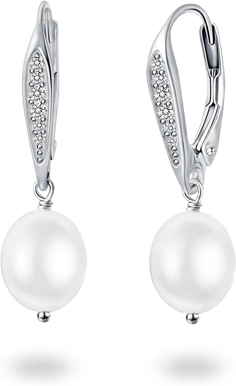 Women Silver Pearl Dangle Earrings, 14K White Gold Plated Pearl Drop Earrings for Teenagers