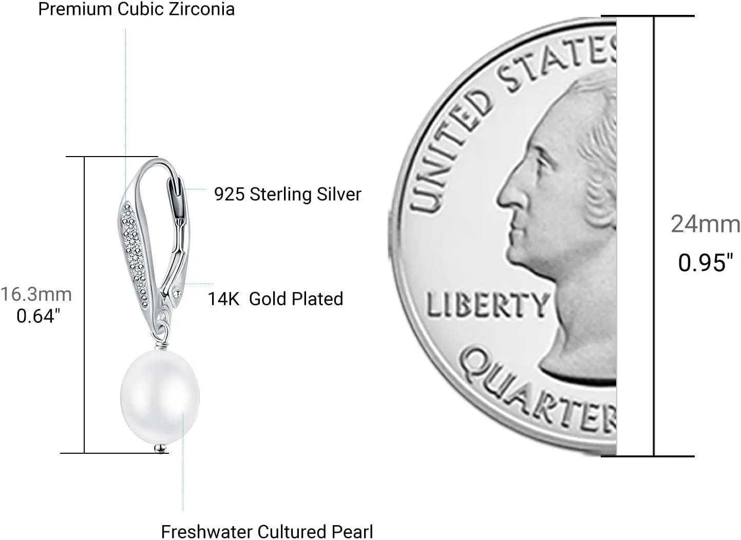 Women Silver Pearl Dangle Earrings, 14K White Gold Plated Pearl Drop Earrings for Teenagers