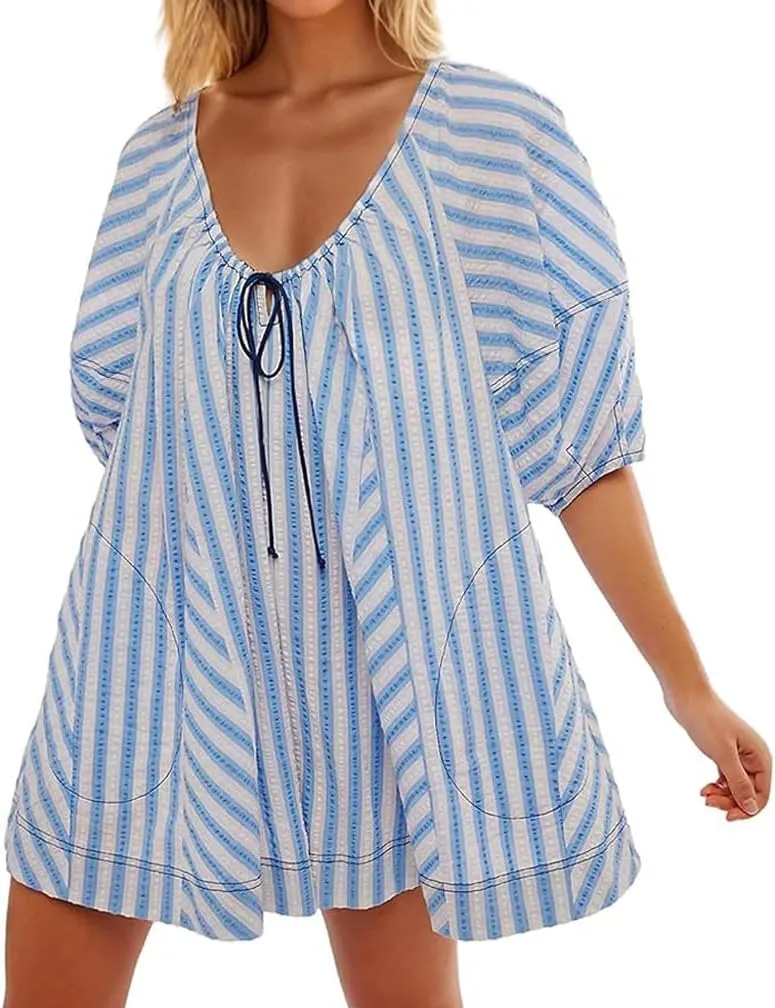 Women Striped Romper Summer Casual Scoop Neck Tie Up Puff Sleeve Oversized Jumpsuit Beach Outfits with Pockets