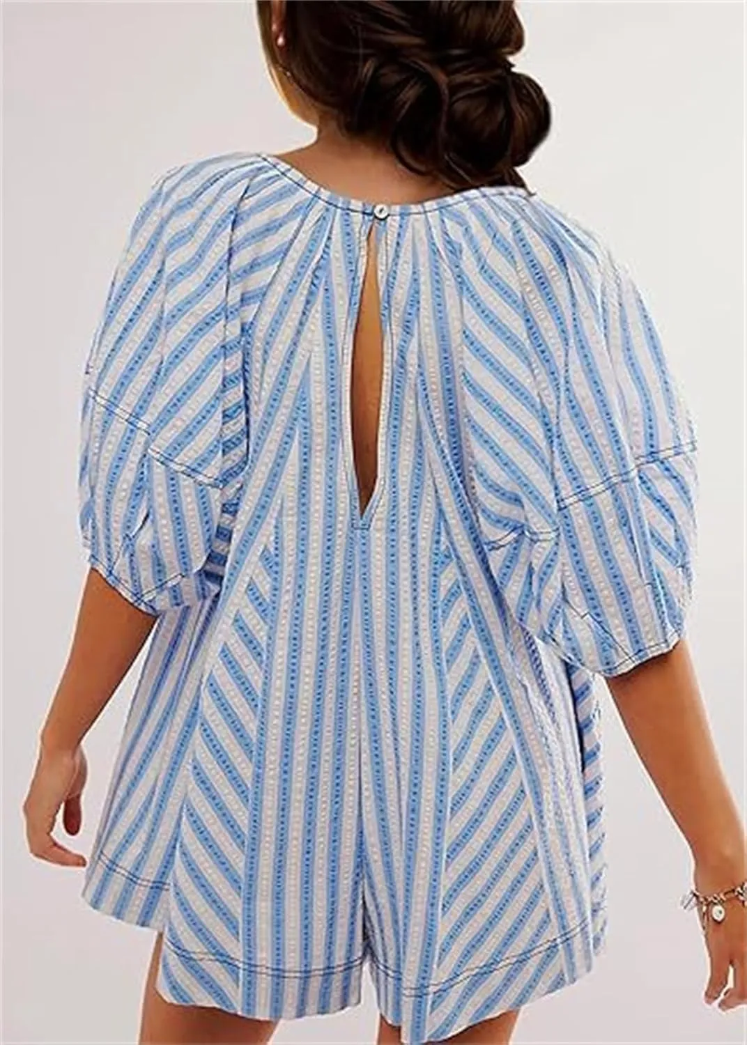 Women Striped Romper Summer Casual Scoop Neck Tie Up Puff Sleeve Oversized Jumpsuit Beach Outfits with Pockets