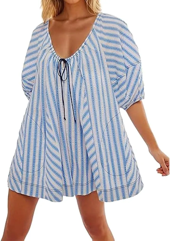 Women Striped Romper Summer Casual Scoop Neck Tie Up Puff Sleeve Oversized Jumpsuit Beach Outfits with Pockets