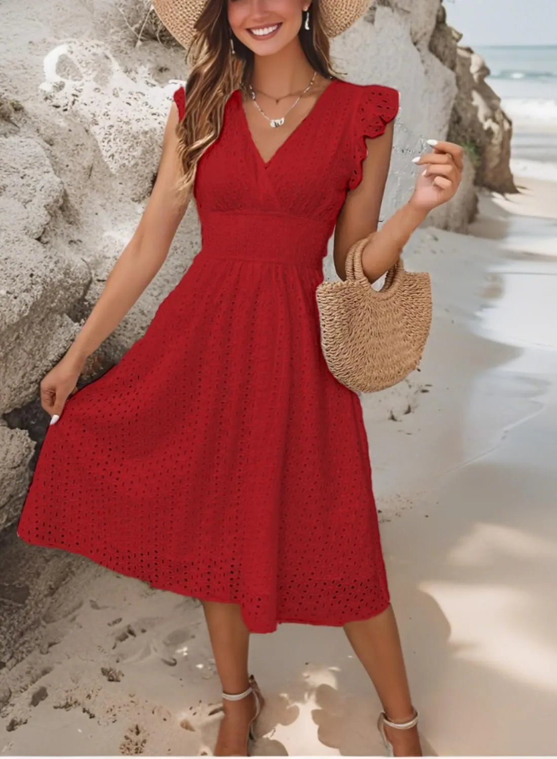 Women Summer Dresses Sleeveless V Neck Midi Beach Casual Dress Trendy Ladies Cute Sundress