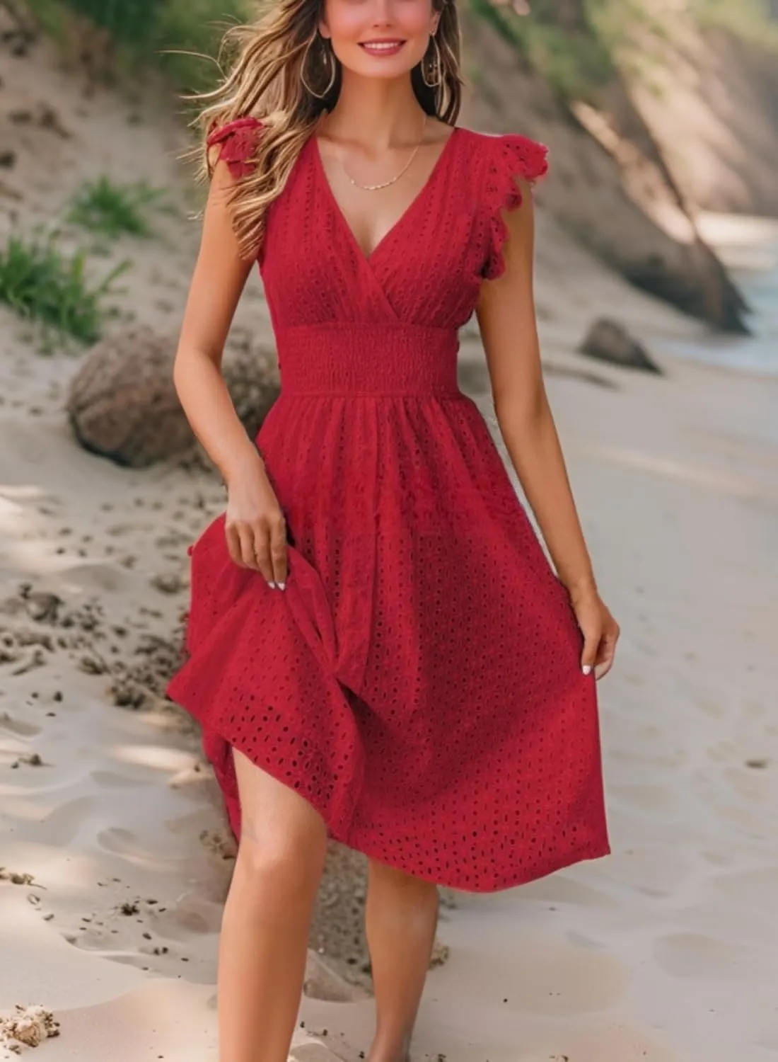 Women Summer Dresses Sleeveless V Neck Midi Beach Casual Dress Trendy Ladies Cute Sundress