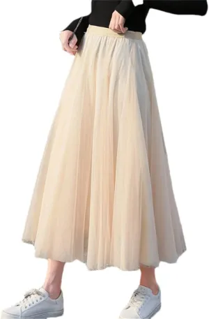 Women Tulle Pleated Skirt Party Midi Mesh Skirt