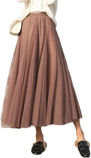 Women Tulle Pleated Skirt Party Midi Mesh Skirt