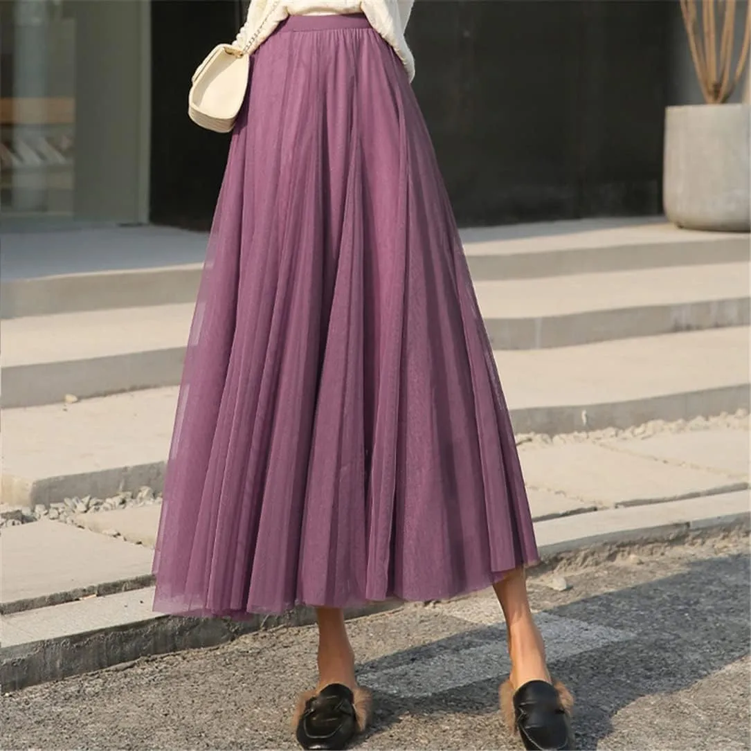 Women Tulle Pleated Skirt Party Midi Mesh Skirt