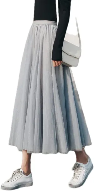 Women Tulle Pleated Skirt Party Midi Mesh Skirt