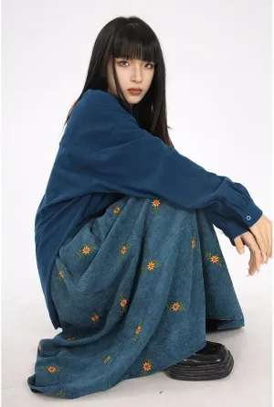 Women Vintage Corduroy Long Skirt Y2K Fall Floral A-Line Dress Cottagecore Elestic Waisted Ruffle Maxi Skirt