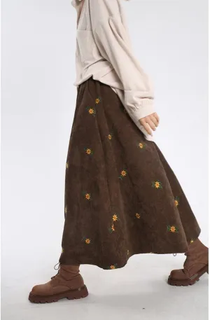 Women Vintage Corduroy Long Skirt Y2K Fall Floral A-Line Dress Cottagecore Elestic Waisted Ruffle Maxi Skirt